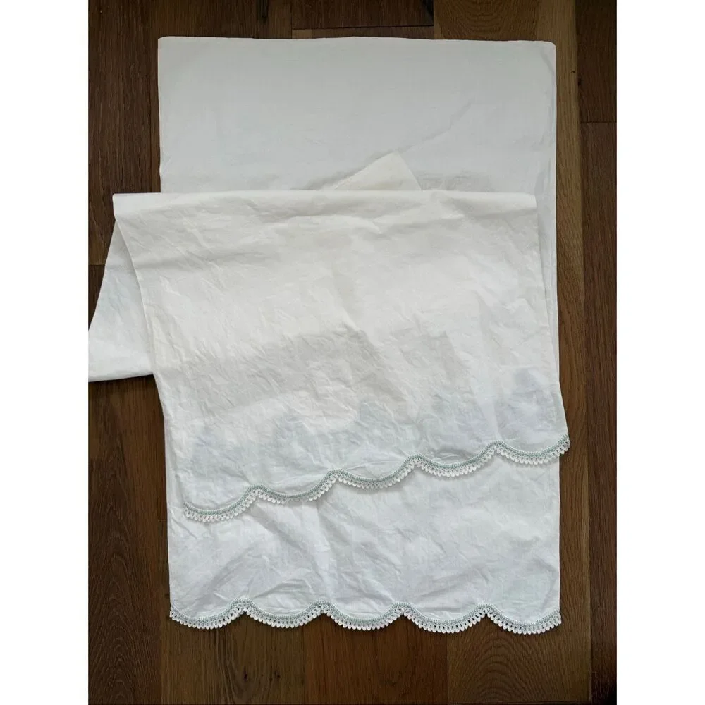 2 Vintage Queen Size Pillowcases Green Embroidered Lace Detail Scalloped End